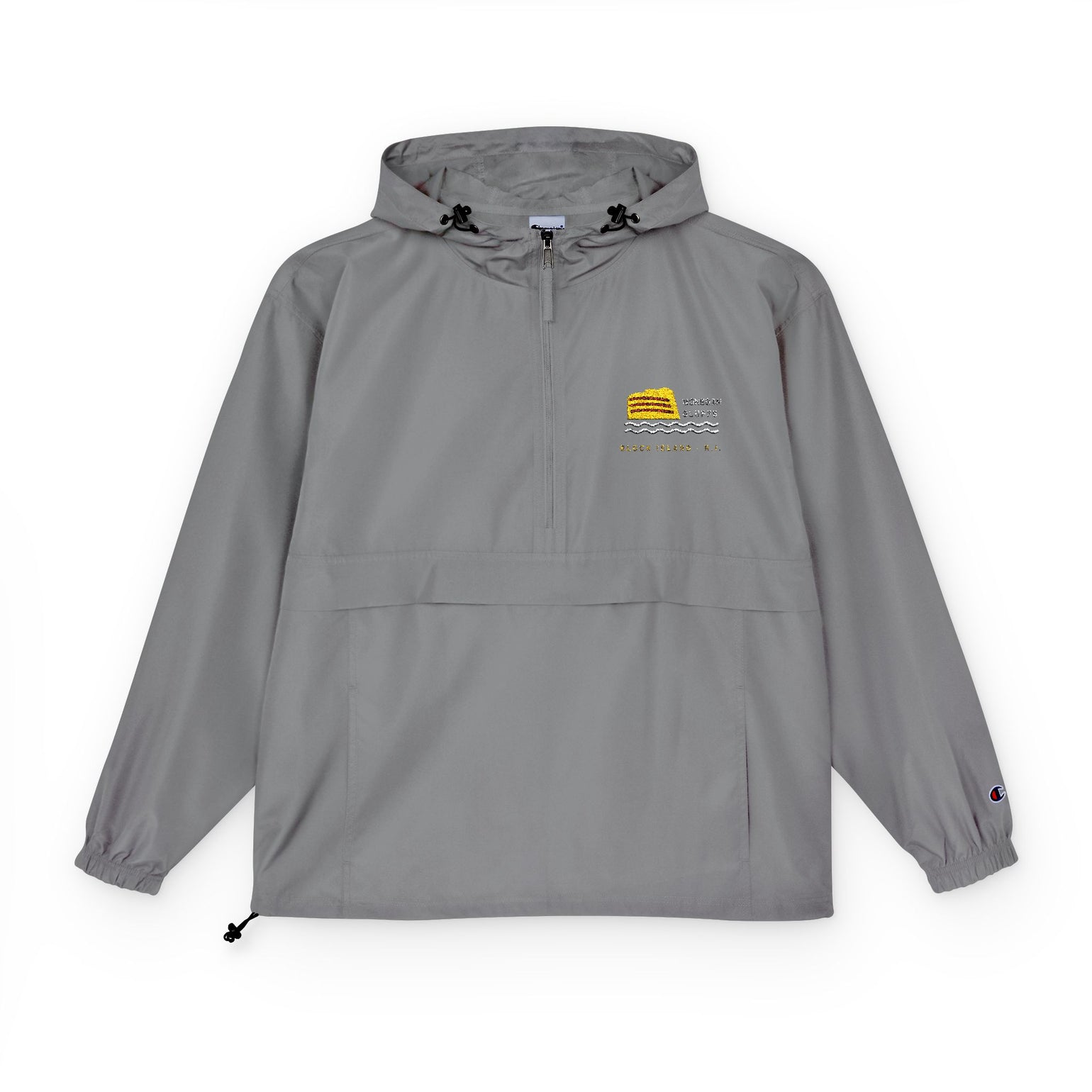Champion packable anorak with embroidered Mohegan Bluffs cliff and surf mark on the left chest