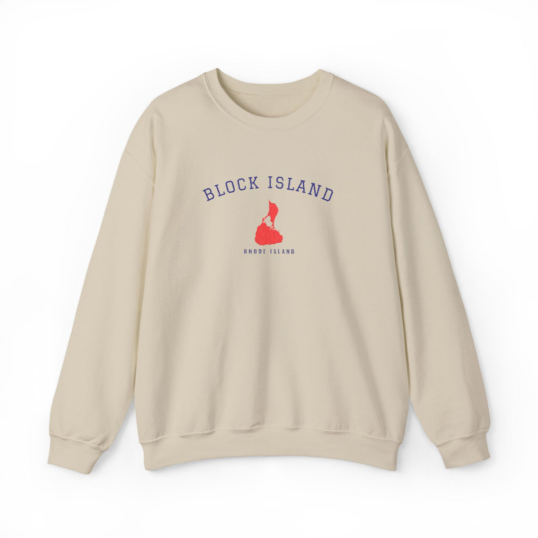Crewneck sweatshirt with BLOCK ISLAND embroidered in arched varsity letters over a stitched Block Island map and RHODE ISLAND