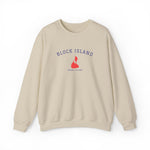 Crewneck sweatshirt with BLOCK ISLAND embroidered in arched varsity letters over a stitched Block Island map and RHODE ISLAND