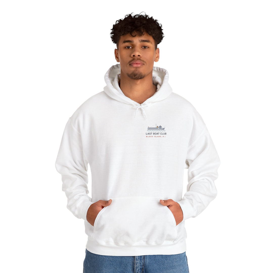 Last Boat Club hoodie: M/V BLOCK ISLAND ferry against a striped sunset, Block Island R.I. — view 12