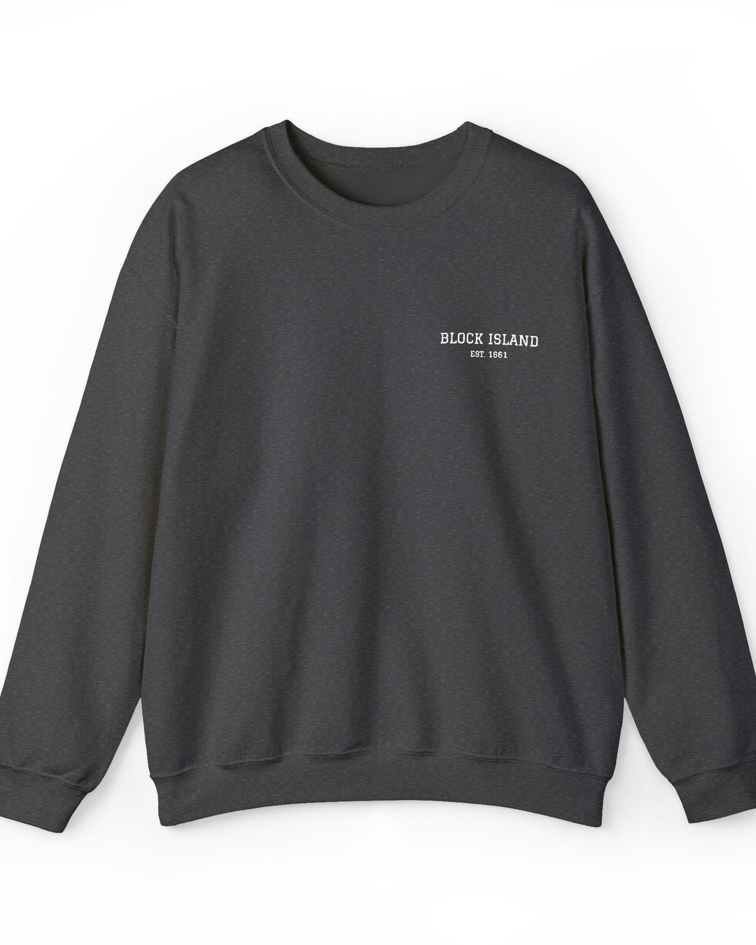 Block Island Est. 1661 Embroidered Crewneck in Dark Heather, BlockBoundRI