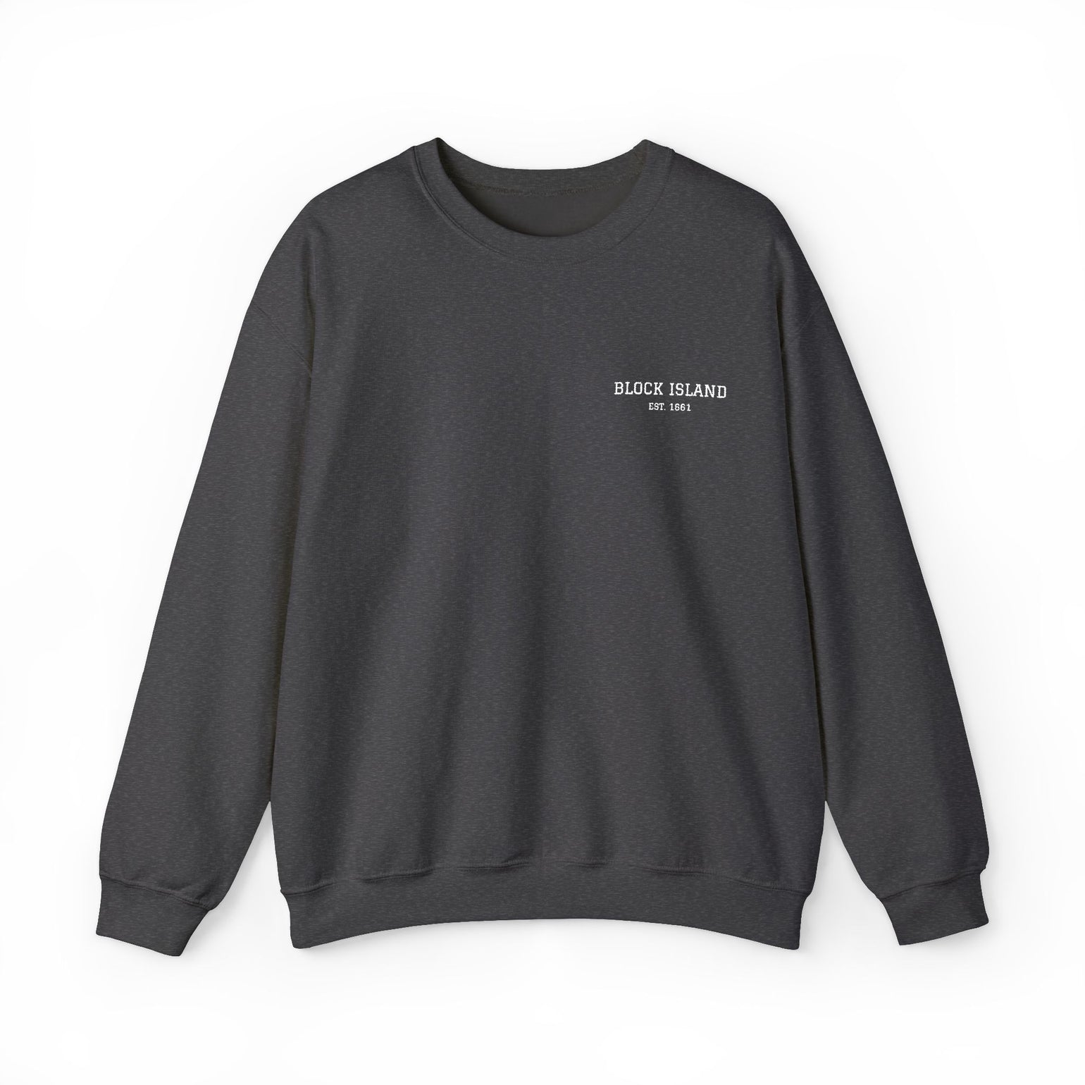Block Island Est. 1661 Embroidered Crewneck in Dark Heather, BlockBoundRI