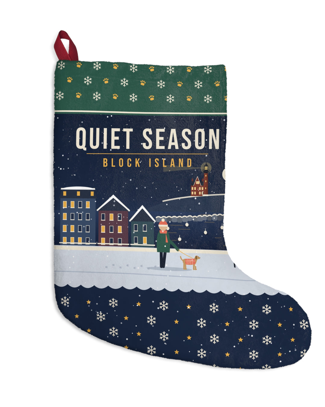 Quiet Season Christmas Stocking — Snowy Old Harbor Dog Walk, Block Island