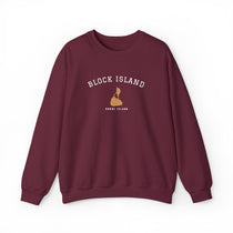 Maroon Block Island crewneck sweatshirt with white arched varsity BLOCK ISLAND embroidery and old-gold island map