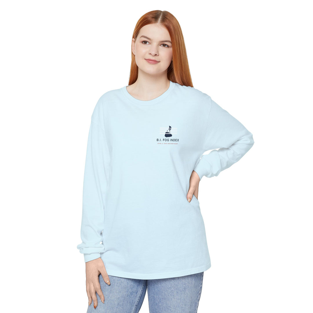 Block Island Fog Index long sleeve: five fog levels from Clear to Island Classic with ferry illustrations — view 26