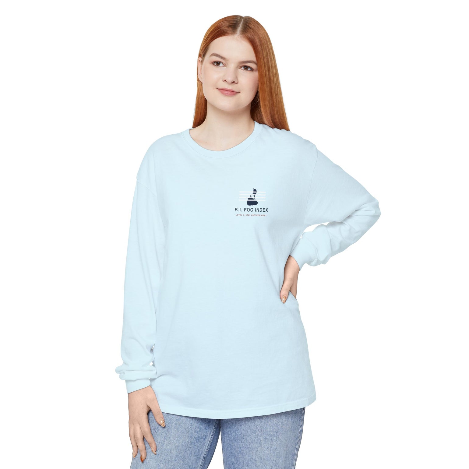 Block Island Fog Index long sleeve: five fog levels from Clear to Island Classic with ferry illustrations — view 26