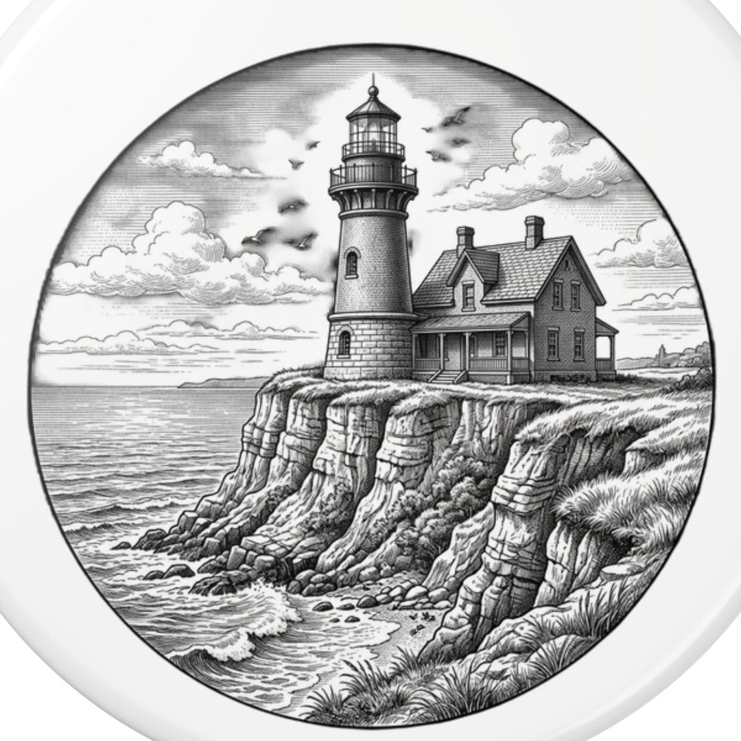 Close-up of the black and white Southeast Light lighthouse on the bluff art, Block Island ornament