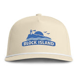 BlockBoundRI beige five-panel rope cap with blue embroidered Block Island lighthouse and seagull coastal design.