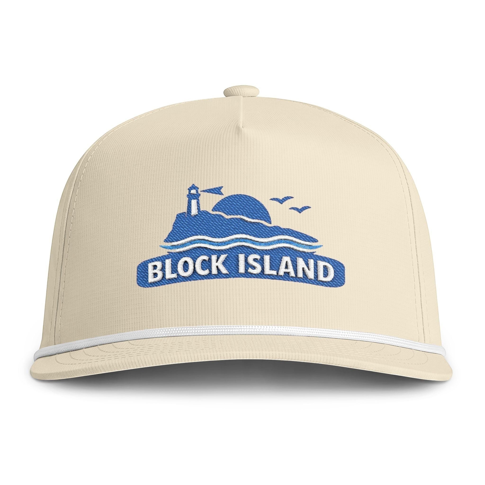 BlockBoundRI beige five-panel rope cap with blue embroidered Block Island lighthouse and seagull coastal design.