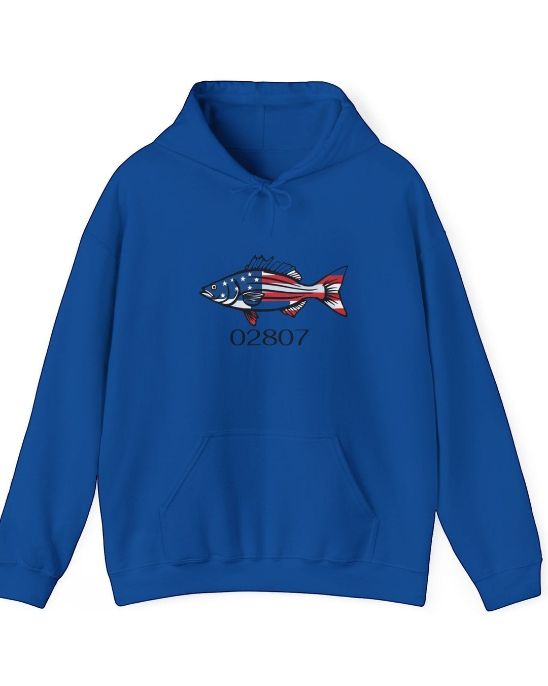 BlockBoundRI royal blue hooded sweatshirt featuring a hand-drawn American flag striped bass graphic and zip code 02807.