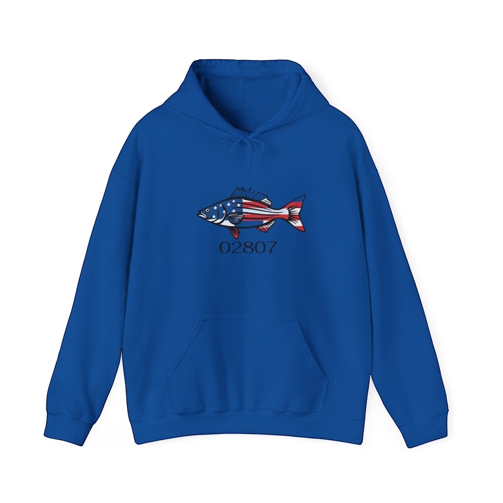 BlockBoundRI royal blue hooded sweatshirt featuring a hand-drawn American flag striped bass graphic and zip code 02807.