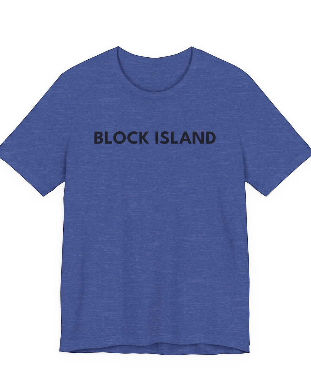 BlockBoundRI blue crew neck t-shirt with BLOCK ISLAND printed in black minimalist text on the chest