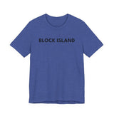 BlockBoundRI blue crew neck t-shirt with BLOCK ISLAND printed in black minimalist text on the chest