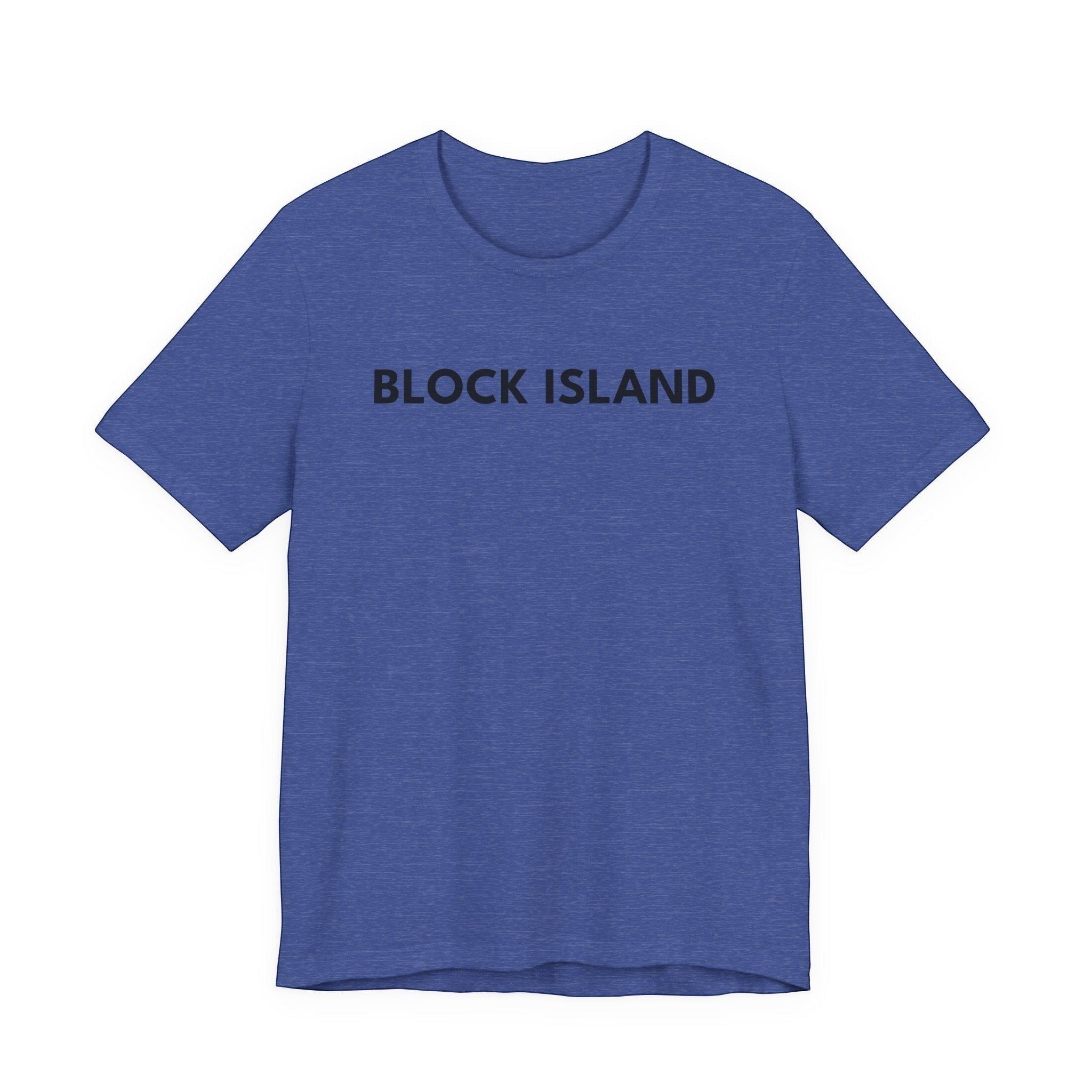 BlockBoundRI blue crew neck t-shirt with BLOCK ISLAND printed in black minimalist text on the chest