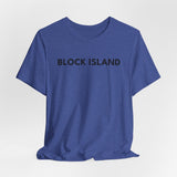 BlockBoundRI blue cotton t-shirt with BLOCK ISLAND printed in black minimalist text on the front