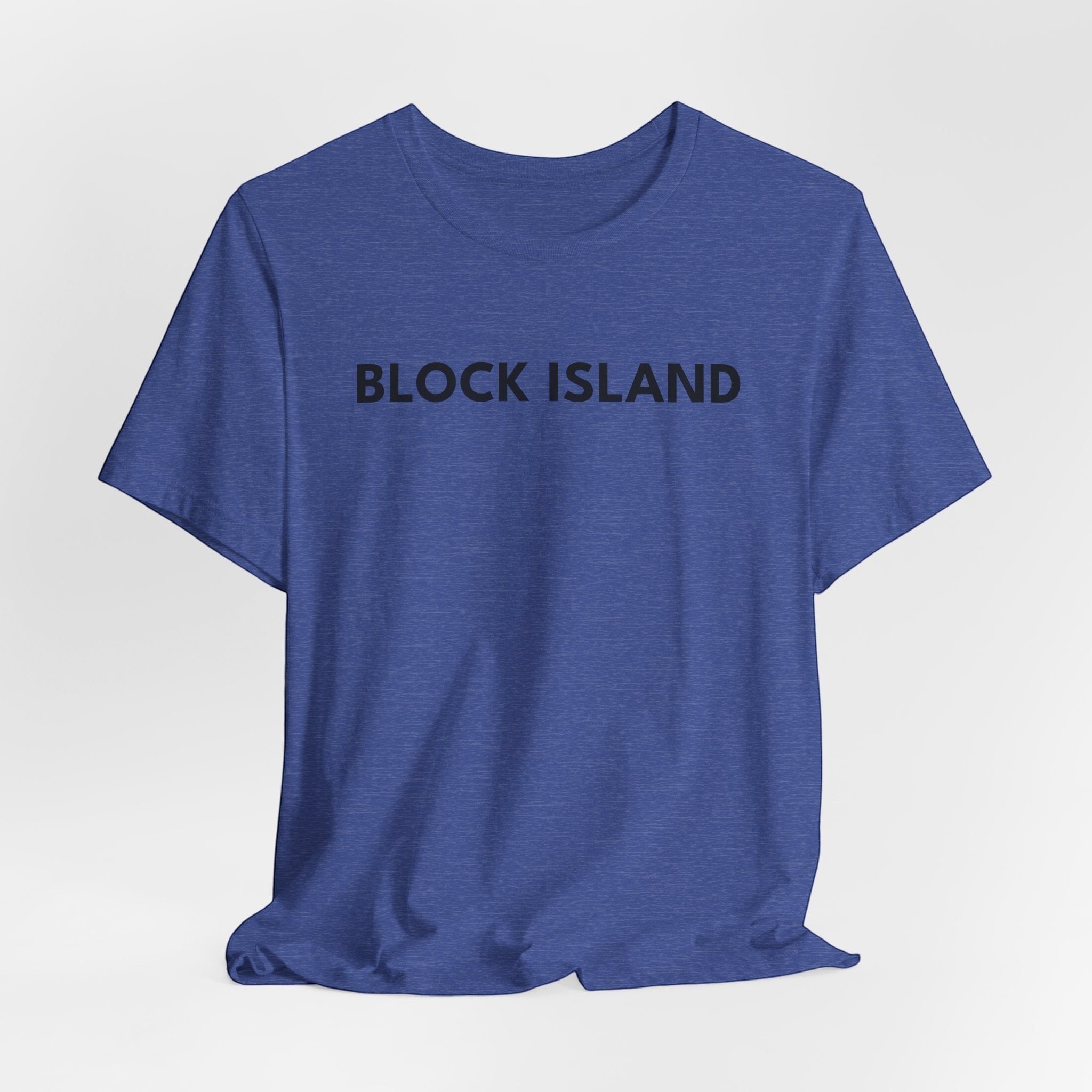 BlockBoundRI blue cotton t-shirt with BLOCK ISLAND printed in black minimalist text on the front
