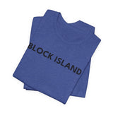 BlockBoundRI blue cotton t-shirt featuring minimalist BLOCK ISLAND text on the front