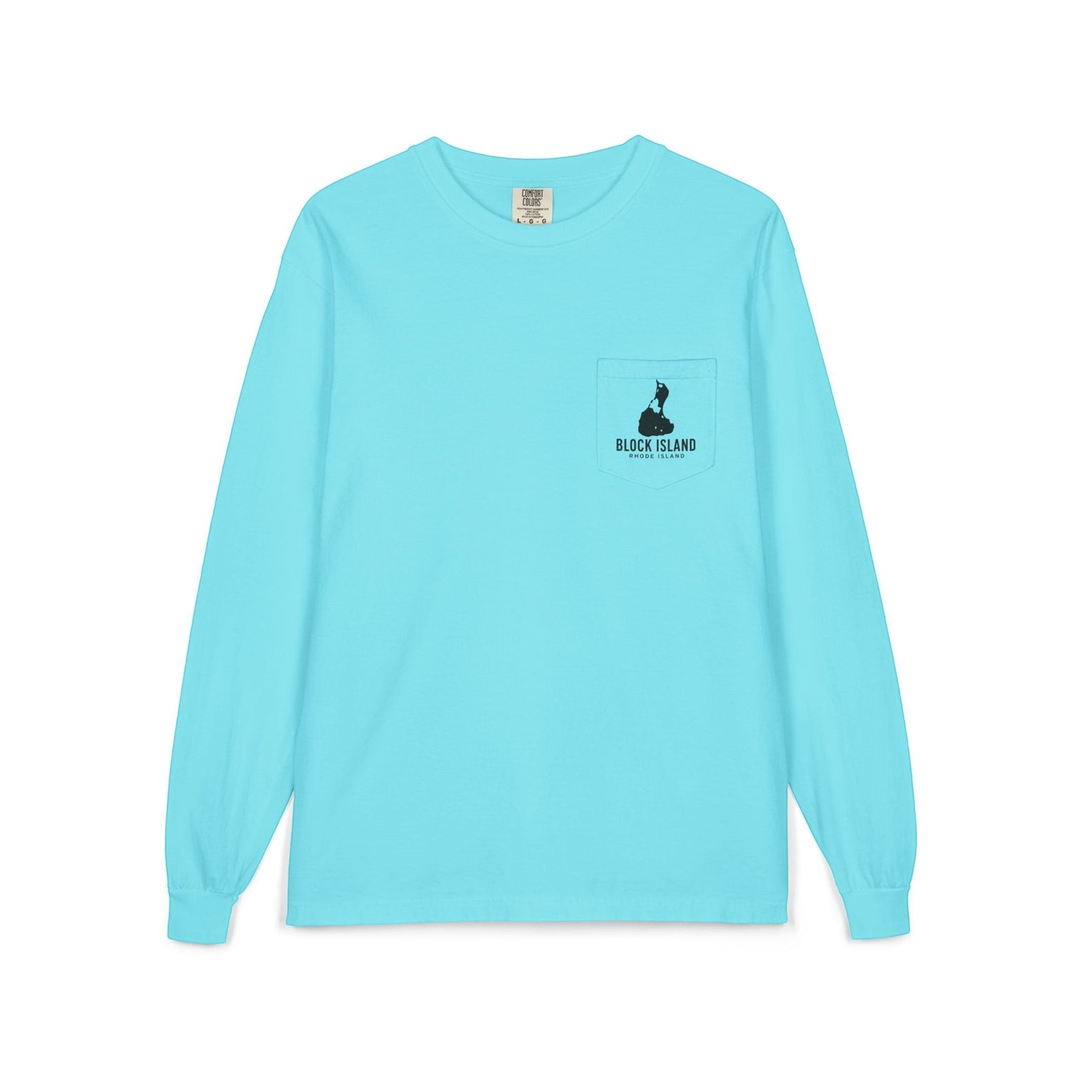 BlockBoundRI light blue long-sleeve cotton shirt with a chest pocket featuring a black Block Island logo print.