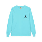 BlockBoundRI light blue long-sleeve cotton shirt with a chest pocket featuring a black Block Island logo print.