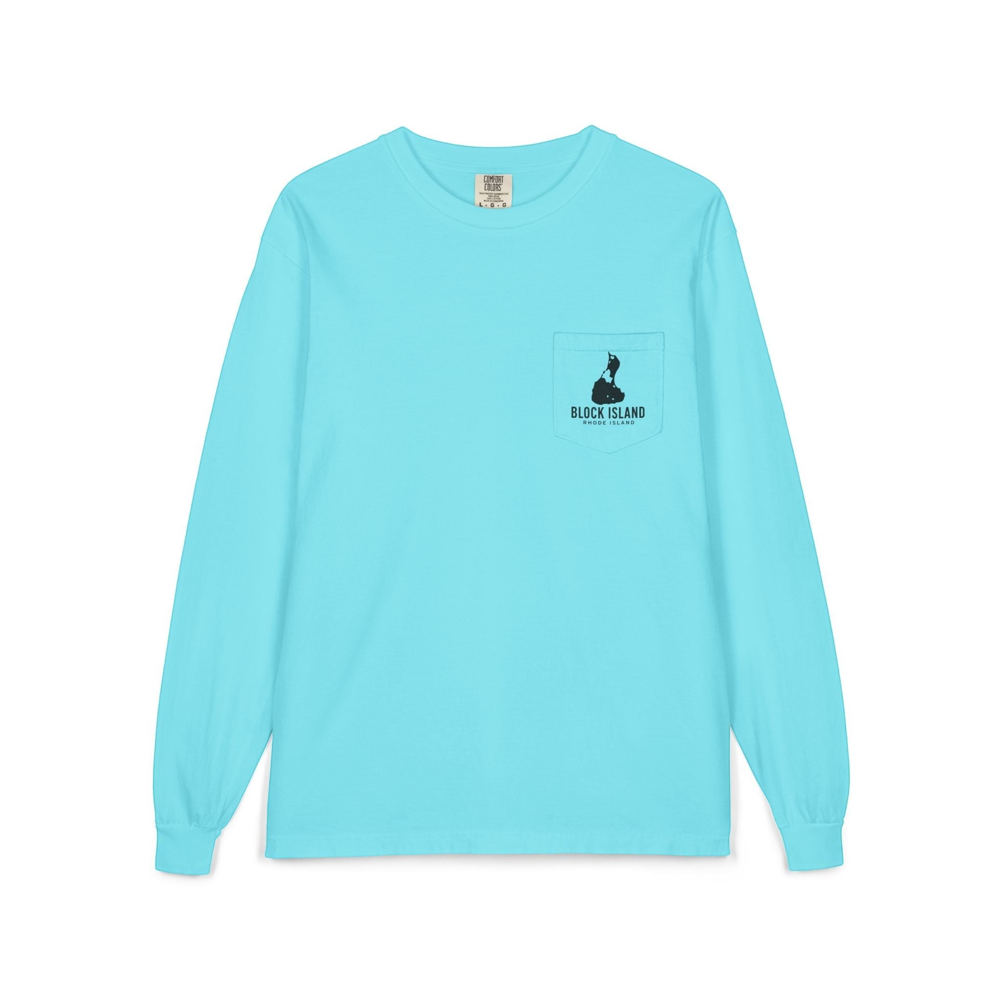 BlockBoundRI light blue long-sleeve cotton shirt with a chest pocket featuring a black Block Island logo print.