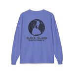 BlockBoundRI long sleeve shirt in periwinkle blue with a distressed black Block Island map graphic on the back.