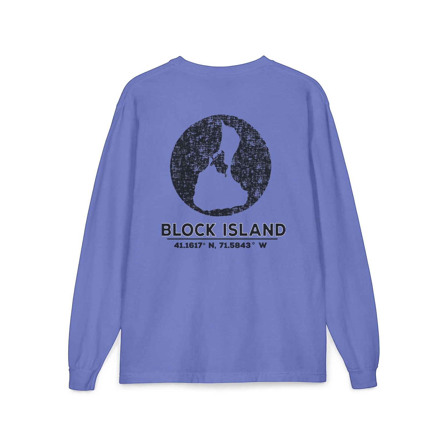 BlockBoundRI long sleeve shirt in periwinkle blue with a distressed black Block Island map graphic on the back.