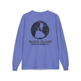 BlockBoundRI long sleeve shirt in periwinkle blue with a distressed black Block Island map graphic on the back.
