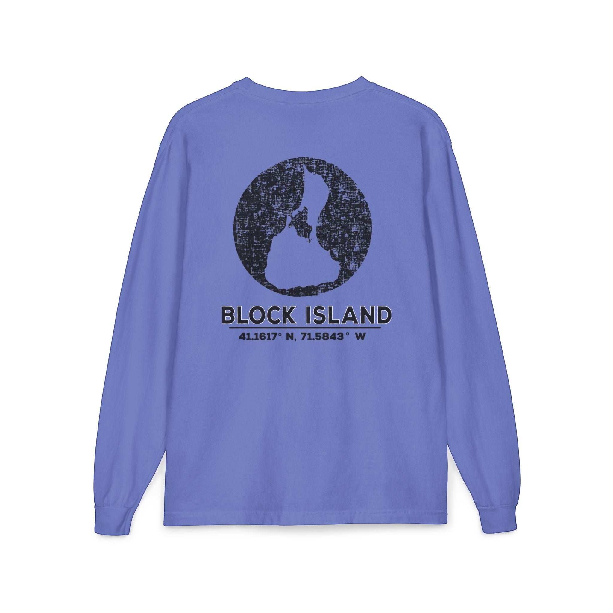 BlockBoundRI long sleeve shirt in periwinkle blue with a distressed black Block Island map graphic on the back.