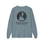 BlockBoundRI long sleeve shirt in blue with a distressed black Block Island map and coordinates graphic on the back