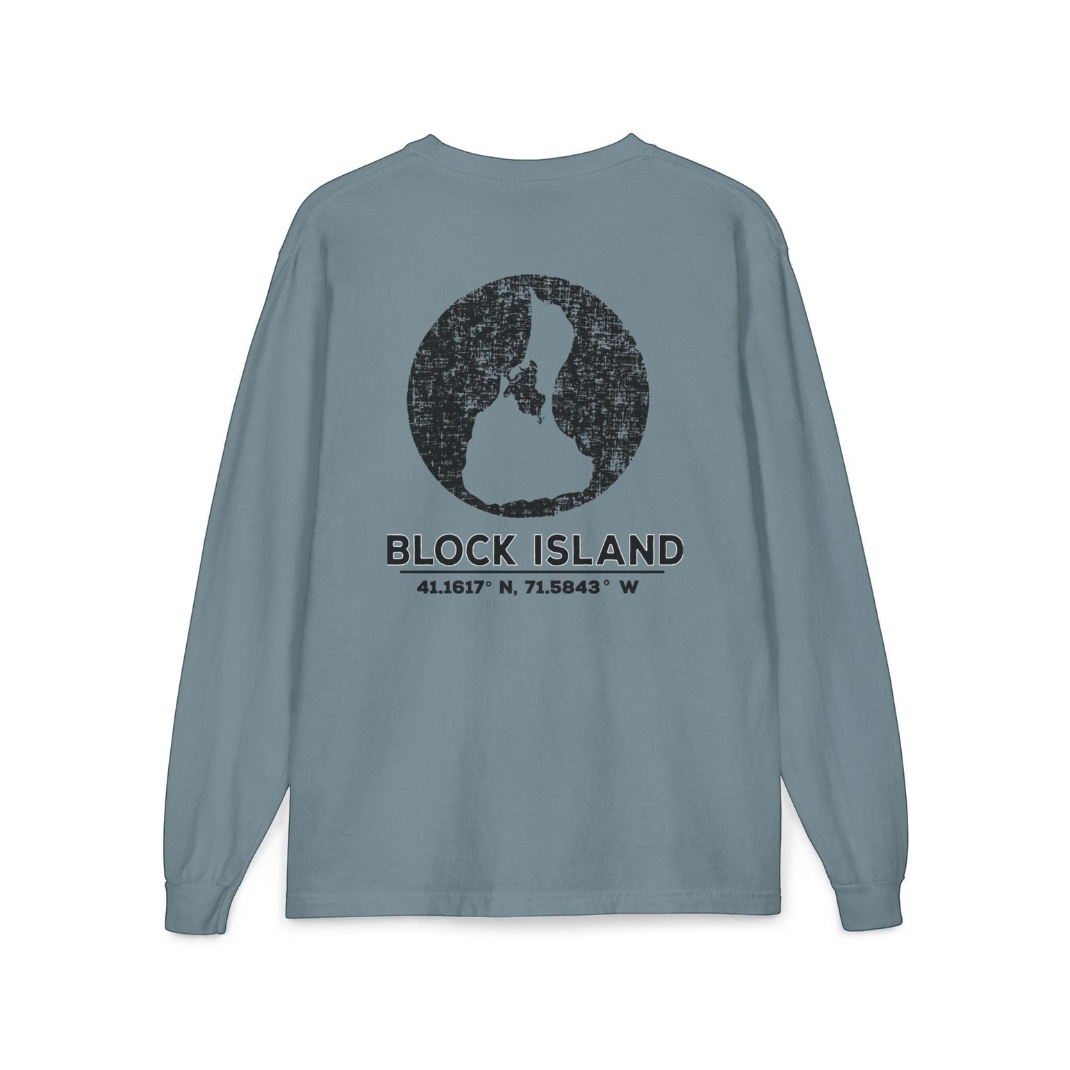 BlockBoundRI long sleeve shirt in blue with a distressed black Block Island map and coordinates graphic on the back