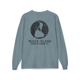 BlockBoundRI long sleeve shirt in blue with a distressed black Block Island map and coordinates graphic on the back