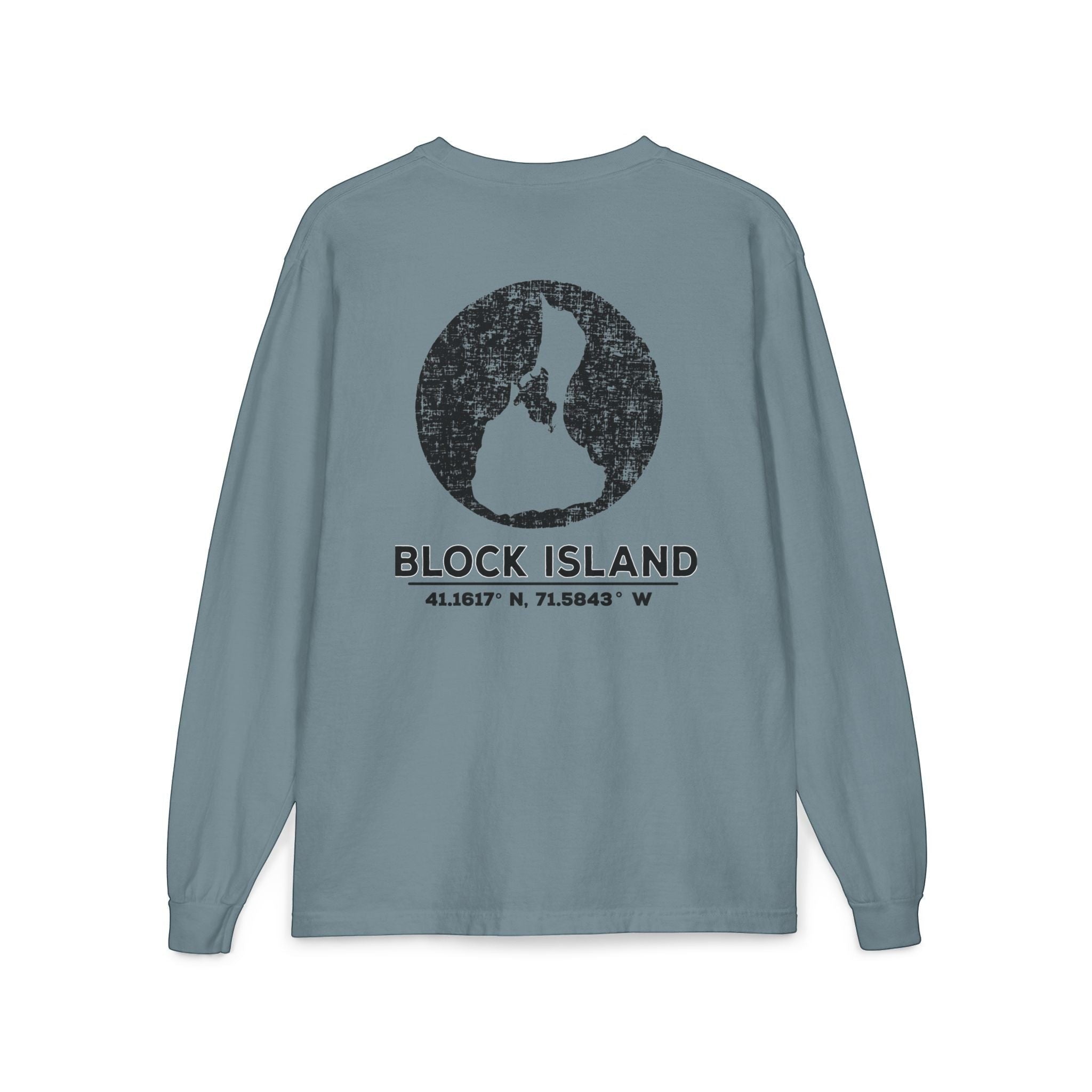 BlockBoundRI long sleeve shirt in blue with a distressed black Block Island map and coordinates graphic on the back