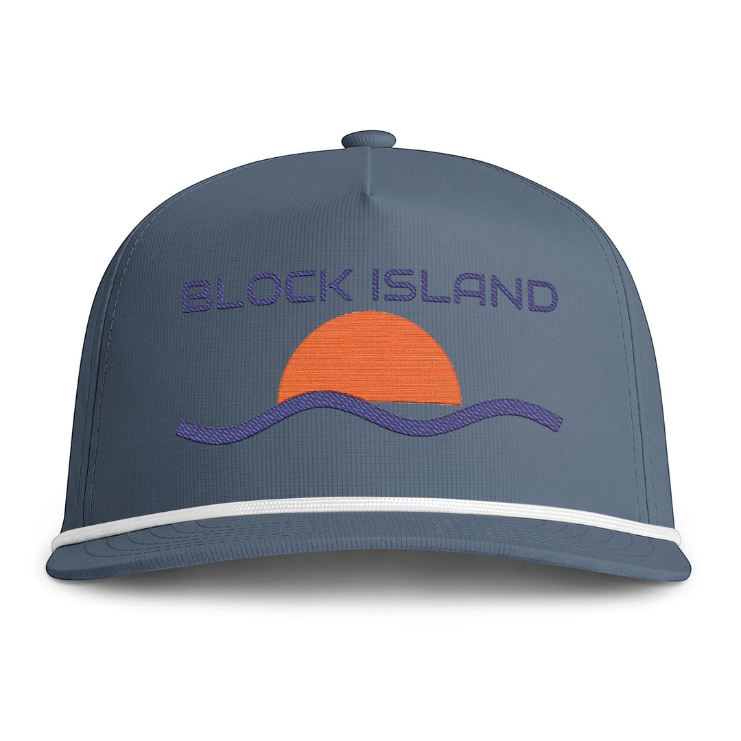 BlockBoundRI blue five-panel rope cap with embroidered retro sunset and wave design on the front