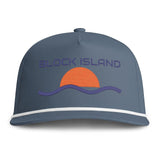 BlockBoundRI blue five-panel rope cap with embroidered retro sunset and wave design on the front