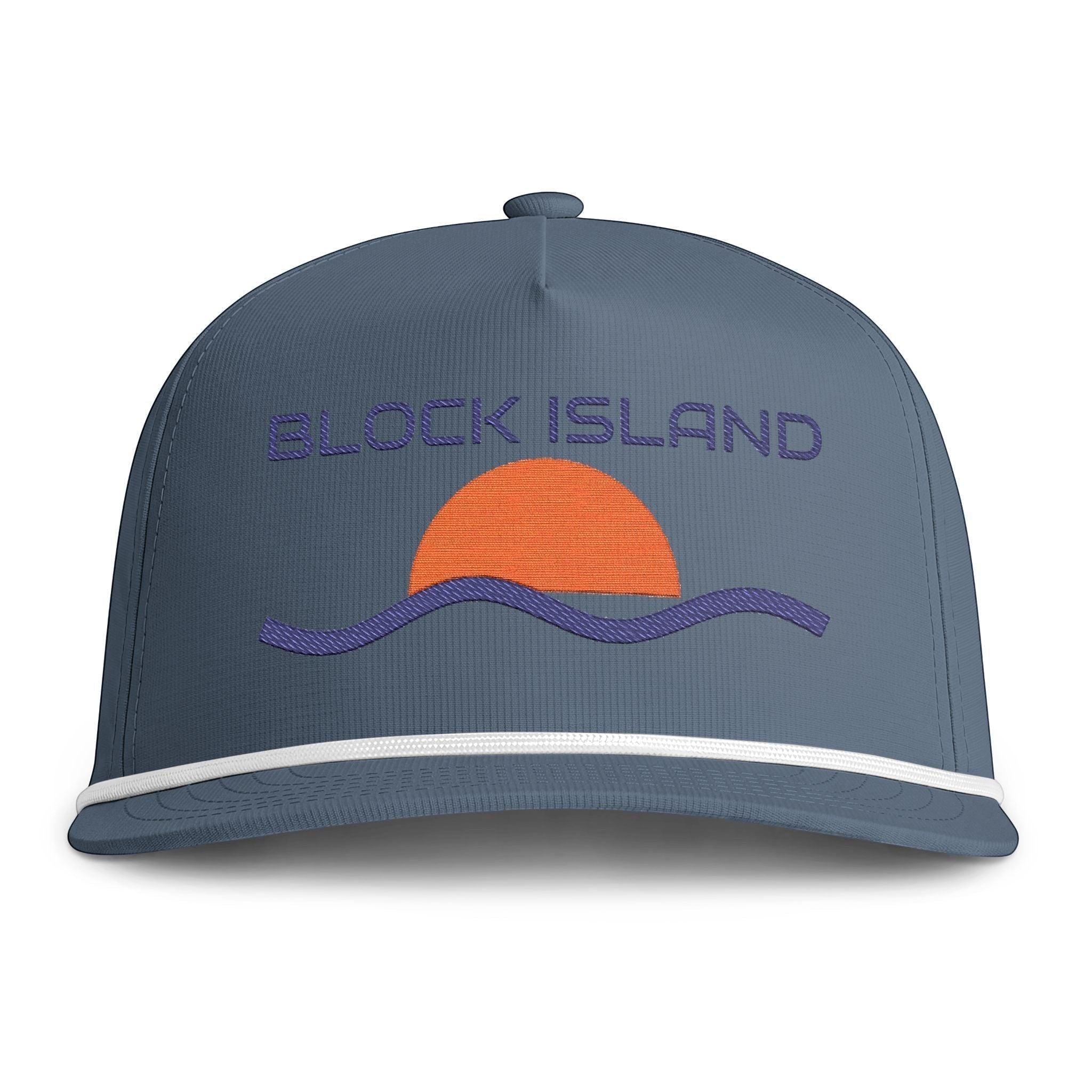 BlockBoundRI blue five-panel rope cap with embroidered retro sunset and wave design on the front
