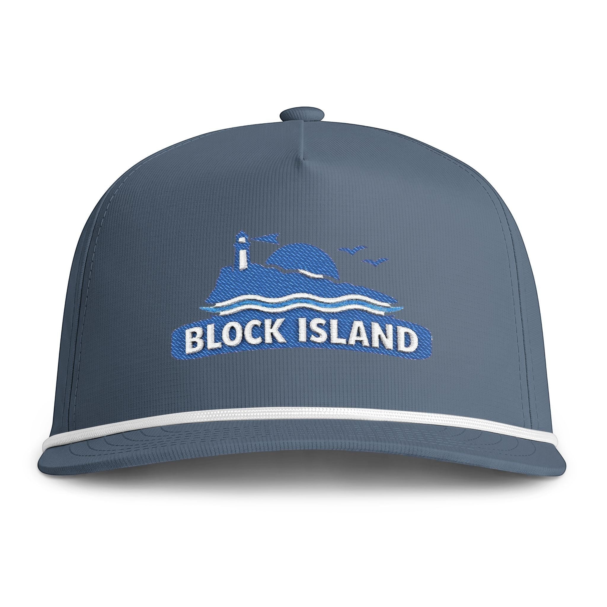 BlockBoundRI blue five-panel rope cap with Block Island lighthouse embroidery and white braided trim on curved bill.