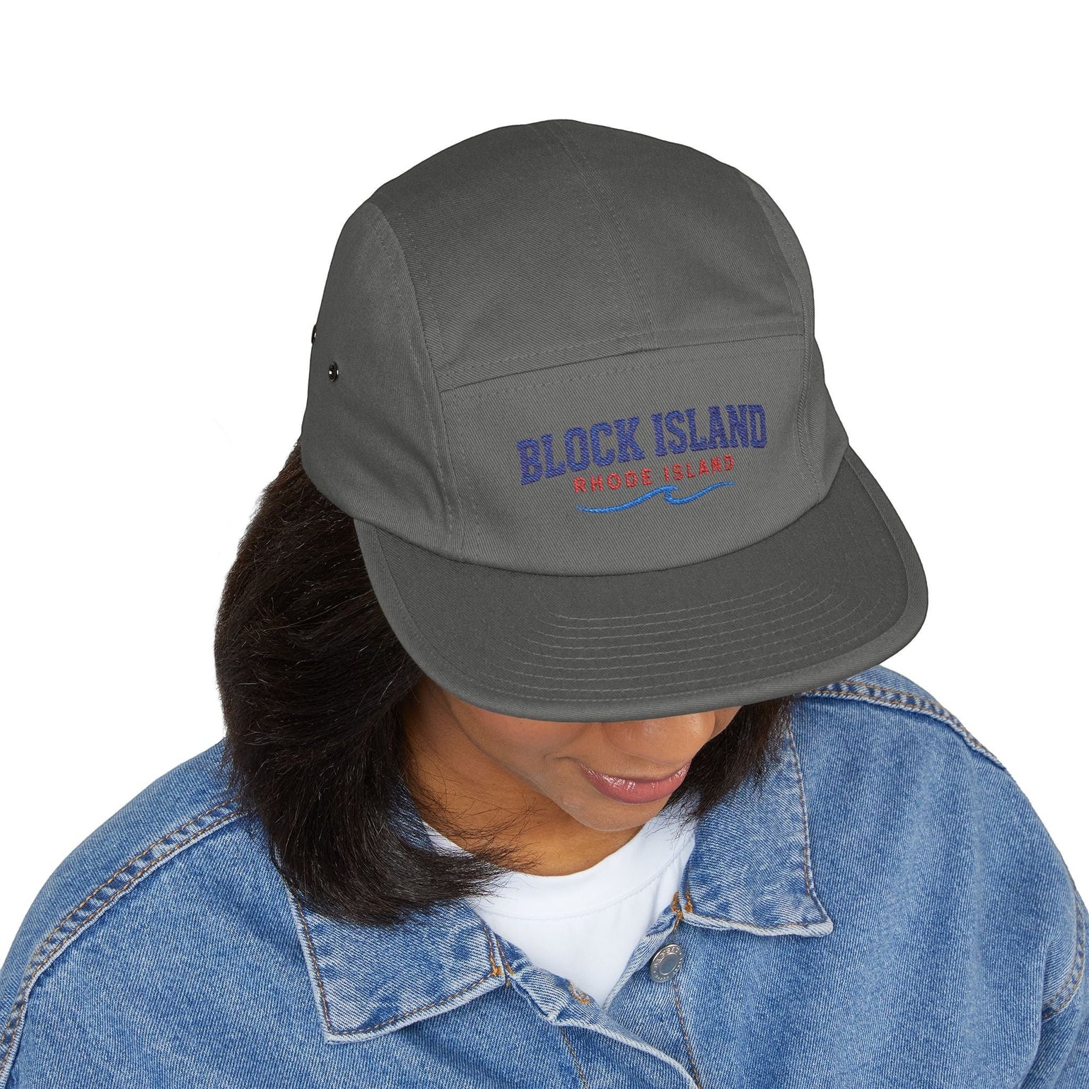 BlockBoundRI charcoal grey 5-panel cotton cap with Block Island Rhode Island embroidery worn by a woman