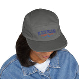 BlockBoundRI charcoal grey 5-panel cotton cap with Block Island Rhode Island embroidery worn by a woman