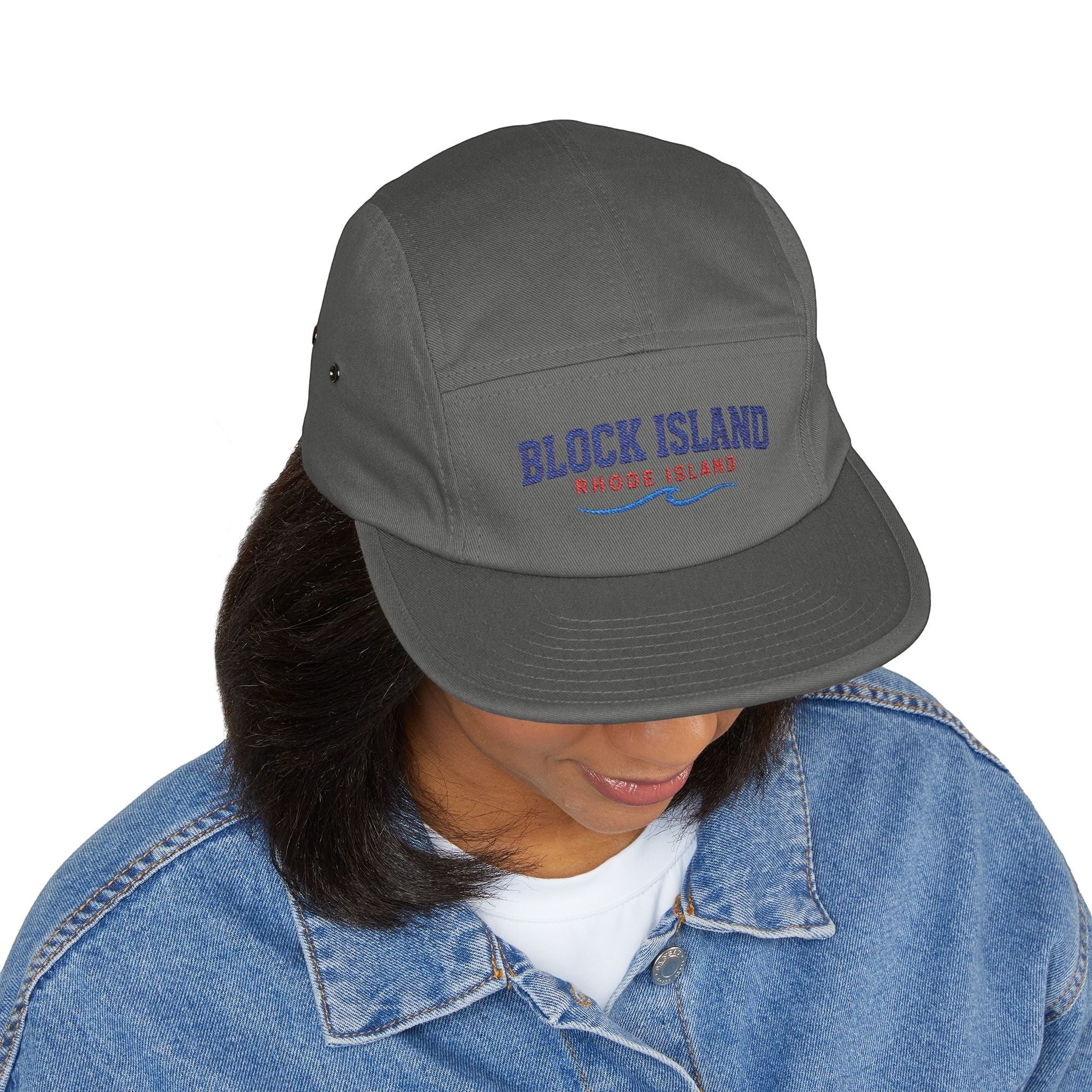 BlockBoundRI charcoal grey 5-panel cotton cap with Block Island Rhode Island embroidery worn by a woman