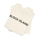 BlockBoundRI cream cotton t-shirt featuring minimalist black BLOCK ISLAND text on the front chest