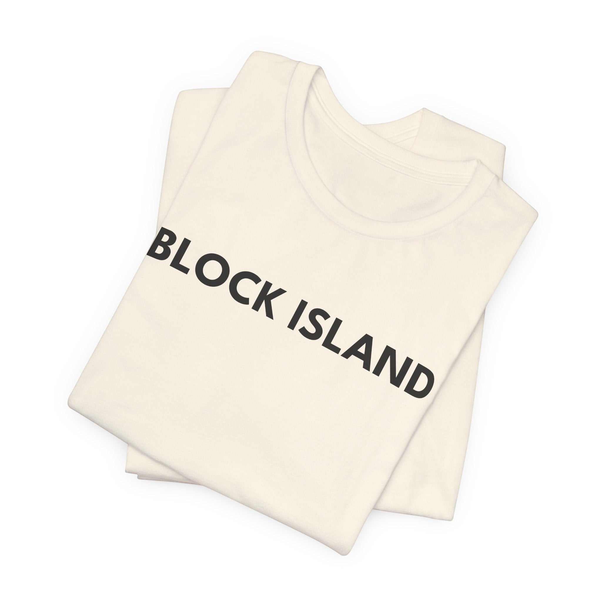 BlockBoundRI cream cotton t-shirt featuring minimalist black BLOCK ISLAND text on the front chest
