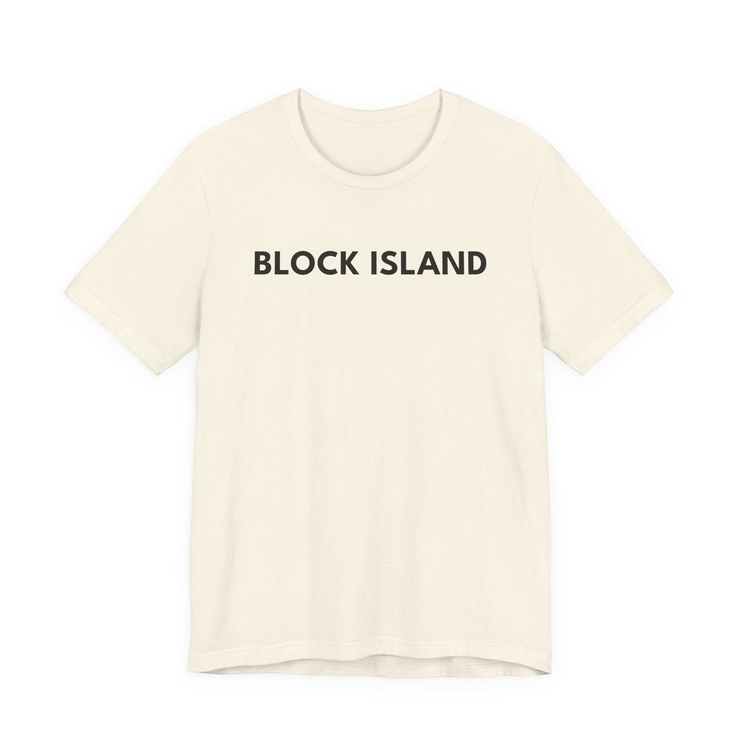 BlockBoundRI cream-colored cotton t-shirt featuring minimalist black BLOCK ISLAND text on the chest.