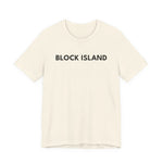 BlockBoundRI cream-colored cotton t-shirt featuring minimalist black BLOCK ISLAND text on the chest.