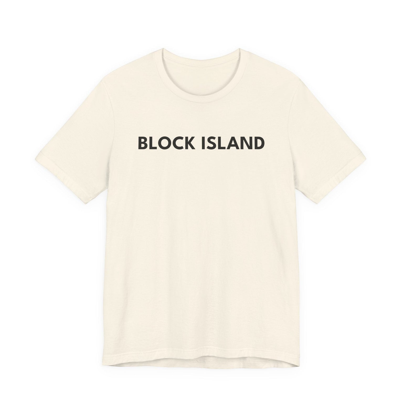 BlockBoundRI cream-colored cotton t-shirt featuring minimalist black BLOCK ISLAND text on the chest.