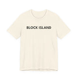 BlockBoundRI cream-colored cotton t-shirt featuring minimalist black BLOCK ISLAND text on the chest.