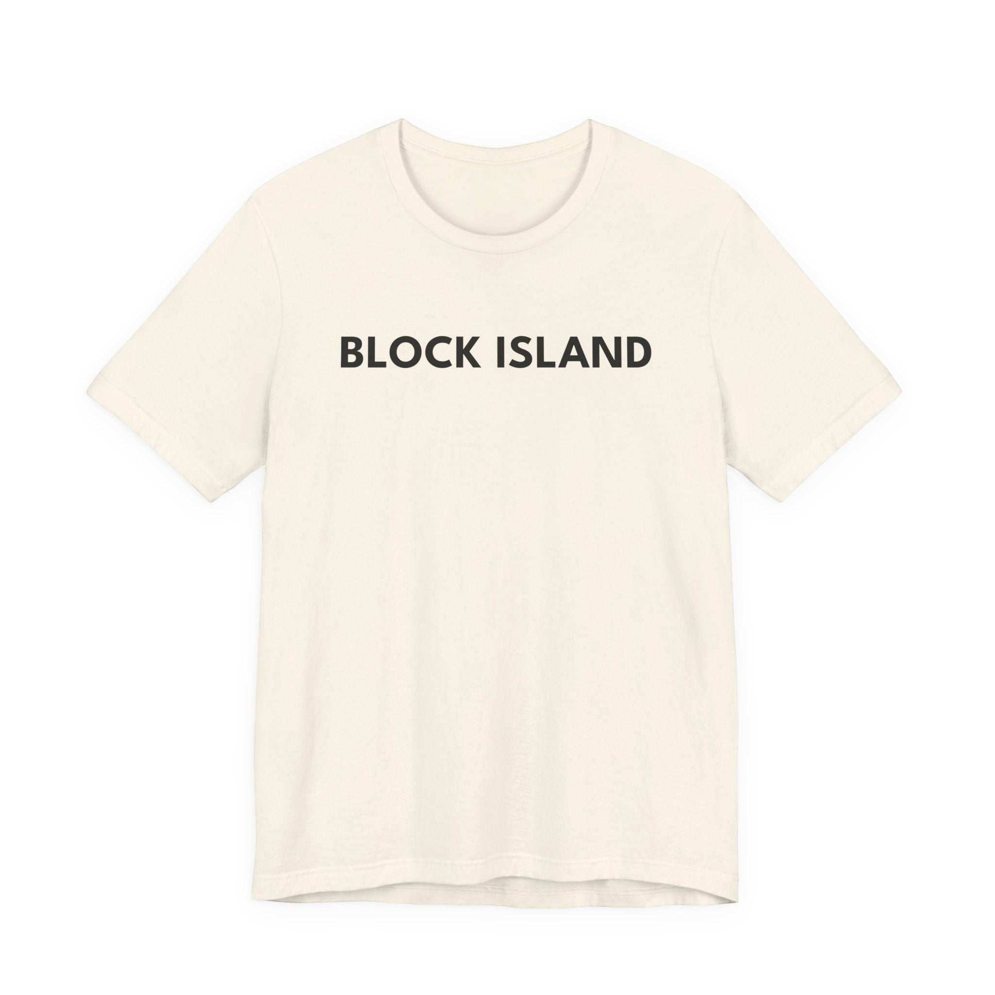 BlockBoundRI cream-colored cotton t-shirt featuring minimalist black BLOCK ISLAND text on the chest.