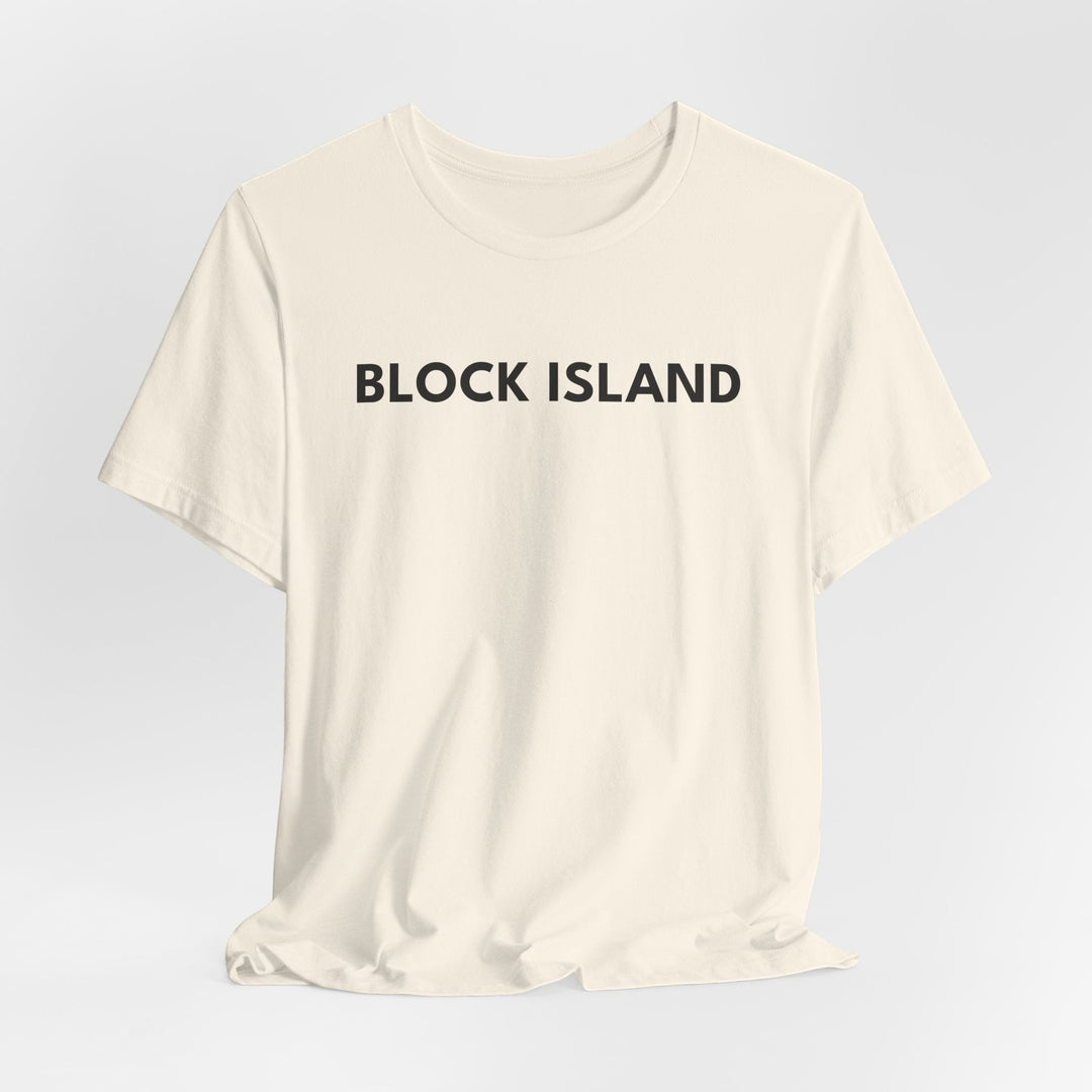 BlockBoundRI cream cotton t-shirt featuring minimalist black BLOCK ISLAND text on the front chest