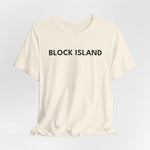 BlockBoundRI cream cotton t-shirt featuring minimalist black BLOCK ISLAND text on the front chest