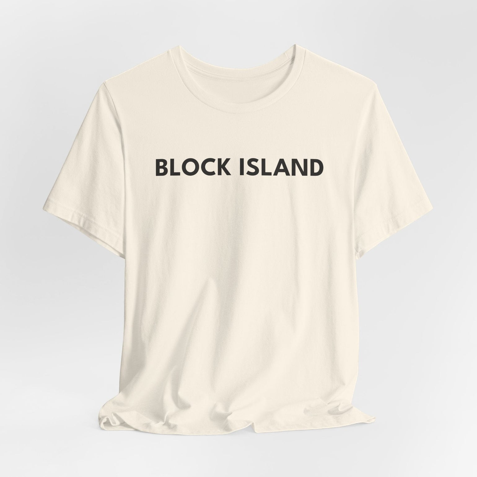 BlockBoundRI cream cotton t-shirt featuring minimalist black BLOCK ISLAND text on the front chest