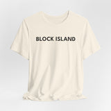 BlockBoundRI cream cotton t-shirt featuring minimalist black BLOCK ISLAND text on the front chest
